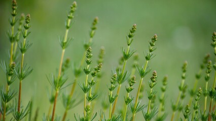 Field spring flowers. Floral background with plant stems close-up. 