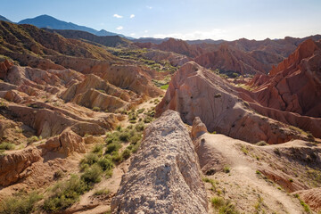 View from natural cliff in the Skazka fairytale canyon close to lake Issyk-Kul, Tosor, Kyrgyzstan