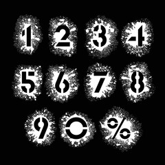 White paint splatter stencil numbers alphabet on black background. RGB EPS 10 vector illustration