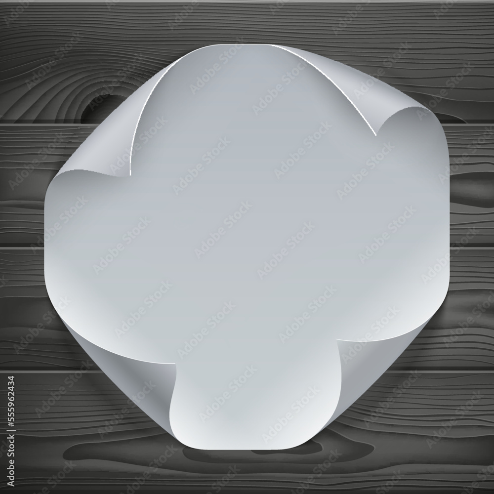 Aufkleber white paper sheet mock-up with curled corners and realistic shadow on dark grey wood texture backgro