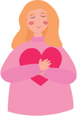 Happy woman holding heart. Valentine's day. Feel love illustration. 