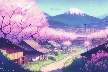 Fotobehang Japanese landscape with Japanese house and sakura cherry tree in blossom, ai illustration © Dr_Microbe
