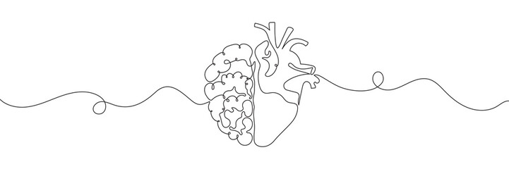 One line drawing of half of a human brain and a human heart. Vector illustration