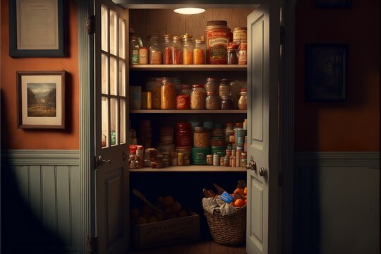 Pantry where food is stored with wooden door