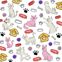 Set of drawn cats and dogs in hand drawn style. Pattern. Modern design. Vector stock illustration. Bowls, houses, toys, pet collars