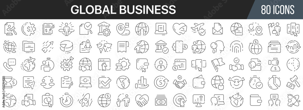 Aufkleber global business line icons collection. big ui icon set in a flat design. thin outline icons pack. ve
