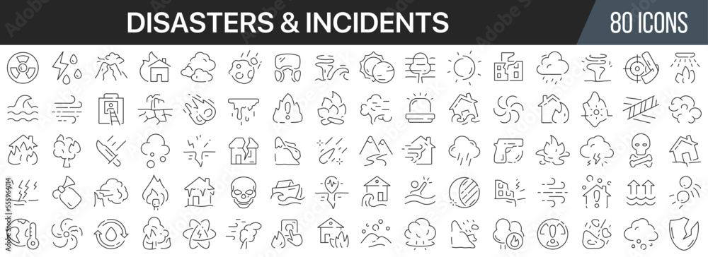 Poster disasters and incidents line icons collection. big ui icon set in a flat design. thin outline icons 