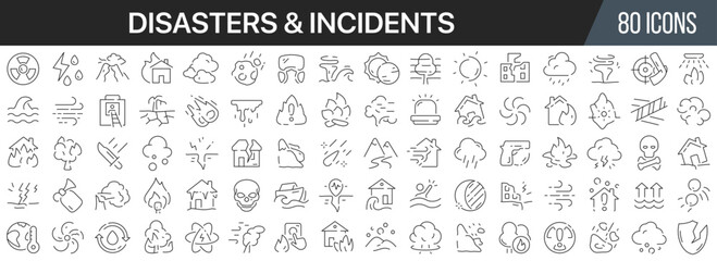 Disasters and incidents line icons collection. Big UI icon set in a flat design. Thin outline icons pack. Vector illustration EPS10