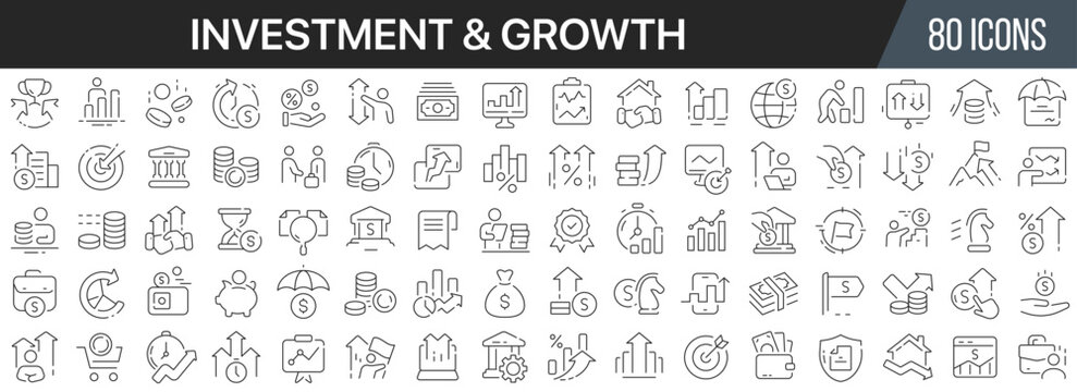 Investment and growth line icons collection. Big UI icon set in a flat design. Thin outline icons pack. Vector illustration EPS10