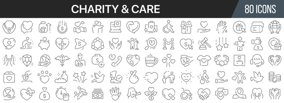 Charity and care line icons collection. Big UI icon set in a flat design. Thin outline icons pack. Vector illustration EPS10