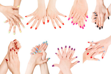 Woman hands with different nail polish collection. Isolated png with transparency - obrazy, fototapety, plakaty