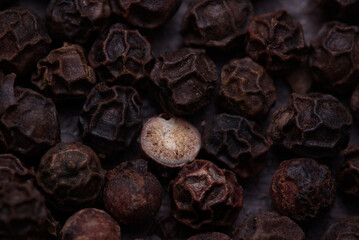 Black pepper balls macro detail. In the middle is one black pepper ball sliced in half with visible...