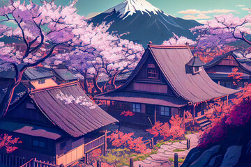 Japanese landscape with Japanese house and sakura cherry tree in blossom, ai illustration