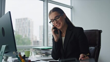 Sales agent talking phone consulting client closeup. Smiling woman work office - Powered by Adobe