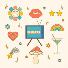 Set of stickers in trendy retro psychedelic cartoon style.