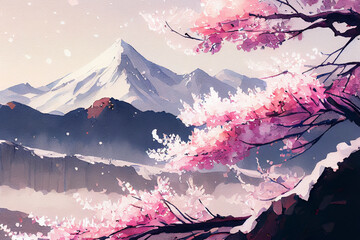 Obraz na płótnie Canvas Japanese landscape with Mount Fuji and sakura cherry tree in blossom, ai illustration