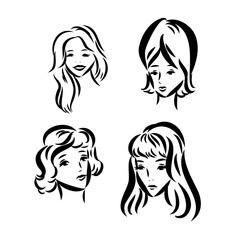 The silhouette of a woman's face and hairstyle. An icon for a stylist's design, logo, or business card. Vector illustration in the style of sketch, line art, minimalism.