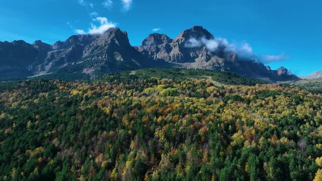Autumn landscape in the surroundings of the Ibon de Piedrafita. Aerial view from a drone. Jaca Stone. Jaca Municipality. The Jacetania. Huesca, Aragon, Spain, Europe