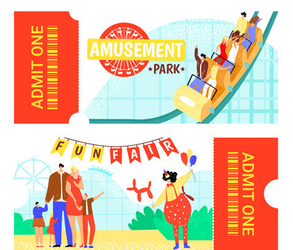 Amusement park ticket design, vector illustration. Circus entertainment background, carnival tent at fun invitation banner.