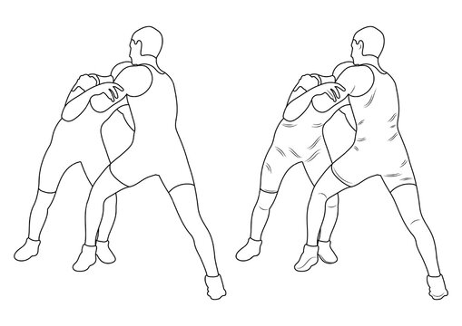 Silhouette Outline Athletes Wrestlers In Wrestling, Duel, Fight. Sketch Line Drawing Greco Roman, Freestyle, Classical Wrestling.