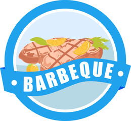 Grill bbq food sign restaurant barbecue meat at label design, vector illustration. Hot beaf symbol, lunch with cartoon sausage.