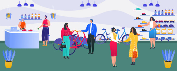 Bike shop, bicycle for people leisure, vector illustration. Man woman character at store service look at wheel transport for activity