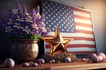 Easter decoration on a table with american flag in the background