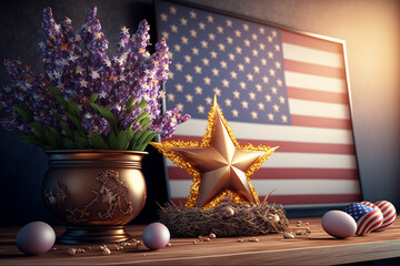 Easter decoration on a table with american flag in the background