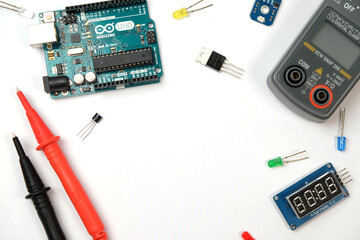 electronic circuit board on white background , top view electronic.