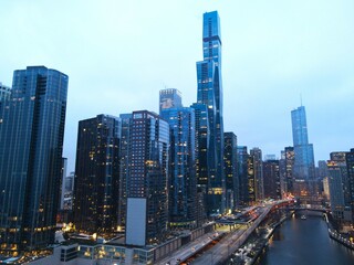 Fototapeta na wymiar Aerial view of Chicago city skyline on an overcast day. Illinois, USA