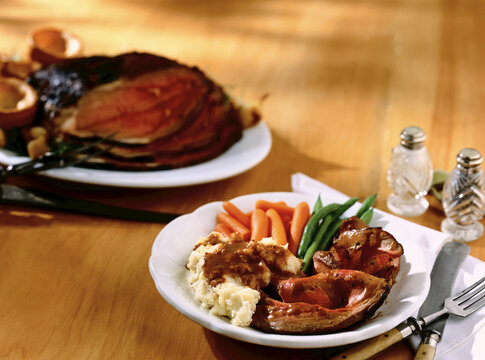 Roast Beef Dinner with Carrots, Green Beans and Mashed Potatoes with Gravy
