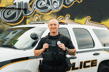 Horizontal image of white male caucasian police officer posing and smiling in front of his cop car...