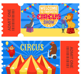 Entertainment show circus ticket to tent design, vector illustration. Carnival performance banner set, retro amusement theater.