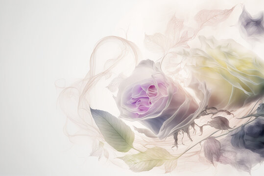 Hintergrundbild, Schöne, bunte und verblasste Rosen auf weißem Hintergrund, Generative AI 