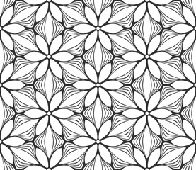 Abstract flower seamless pattern. Floral geometric hexagonal ornament. Black and white limitless background. Endless stylish graphic modern repeat pattern. Fashion monochrome lattice mosaic