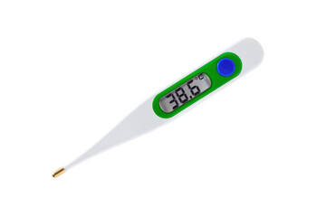 Digital thermometer for measuring body temperature display 38.6 degrees celsius. Thermometer isolated on transparent background. PNG file - obrazy, fototapety, plakaty