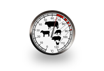 Meat thermometer isolated on a transparent background with soft shadow. The thermometer shows 66 degrees. PNG file