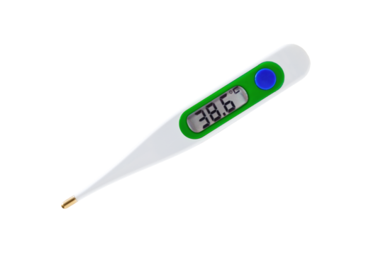Digital thermometer for measuring body temperature display 38.6 degrees celsius. Thermometer isolated on transparent background. PNG file