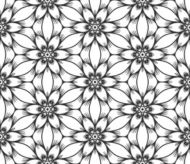 Flower lace seamless pattern. Modern floral hand drawn abstract botanical ornament. Retro black fashion backdrop. Flat decorative plant textile texture. Endless vintage monochrome geometric wallpaper