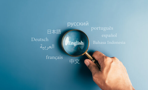 Magnifier focus to english language translation or translate on worldwide language conversation speaking concept...