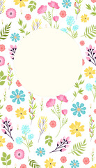 Floral card happy spring, poster flyer with flower design, vector illustration. Hello spring, decoration in frame, nature background and lettering.