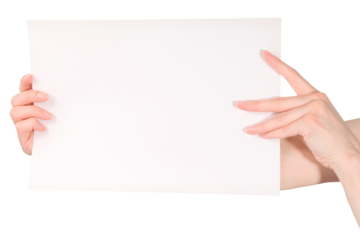 Beautiful woman hands holding blank white paper sheet isolated png with transparency