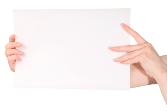 Beautiful woman hands holding blank white paper sheet isolated png with transparency