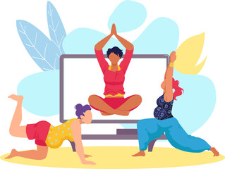 Obraz na płótnie Canvas Yoga online banner vector illustration. Woman man people at sport training, website poster for pregnant person and couple character concept