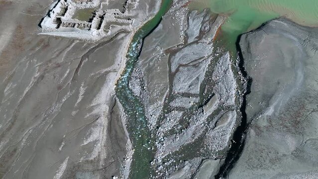 Roman bridge and sunken town of Saqu&eacute;s in the Bubal reservoir. Aerial view from a drone. Jaca Stone. Biescas Municipality. The Jacetania. Huesca, Aragon, Spain, Europe