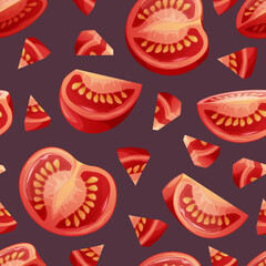 Seamless pattern with tomato slices. Traditional healthy cuisine. Delicious vegetable. Texture for fabric, wallpaper, restaurant paper and menu