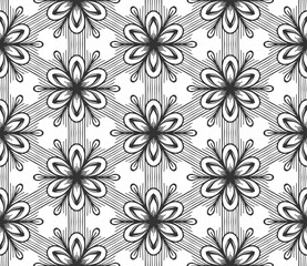Retro abstract flower seamless pattern. Wrapping paper flat botanical design. Textile herbal ornament. Monochrome ornate background. Lace elegant fabric decor. Vintage geometric foliage backdrop
