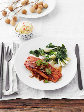 Grilled Salmon with Bok Choy and Bowl of Rice, Studio Shot