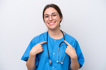 surgeon doctor woman holding tools isolated on white background with surprise facial expression