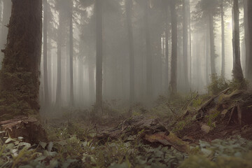 misty morning in the forest , Generative ai